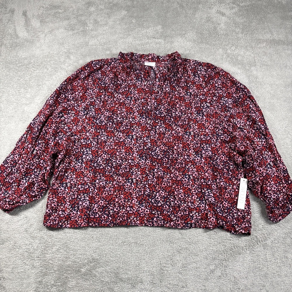 Abound Women's Pink Storm Dense Floral Slit Neck Long Sleeve Blouse Top Sz L New